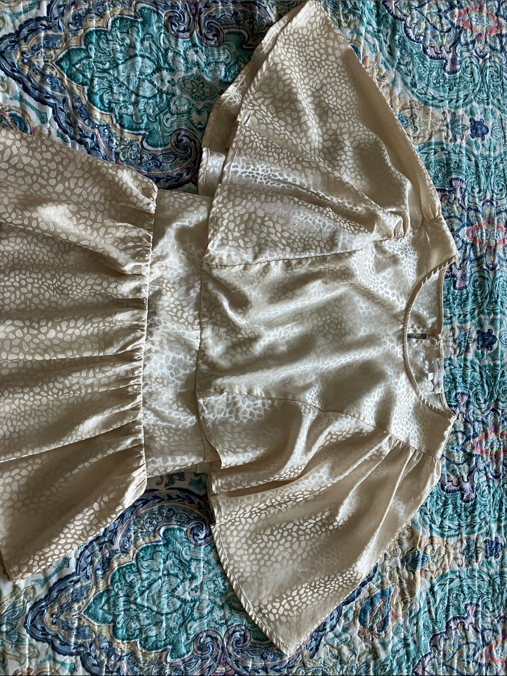 Light Cream Satin Flutter-Sleeve Blouse